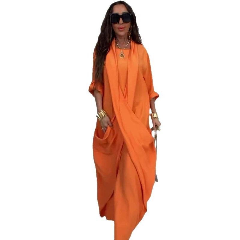 2025 Summer New European and American Women clothes Design Long Solid Long sleeve Temperament Dress