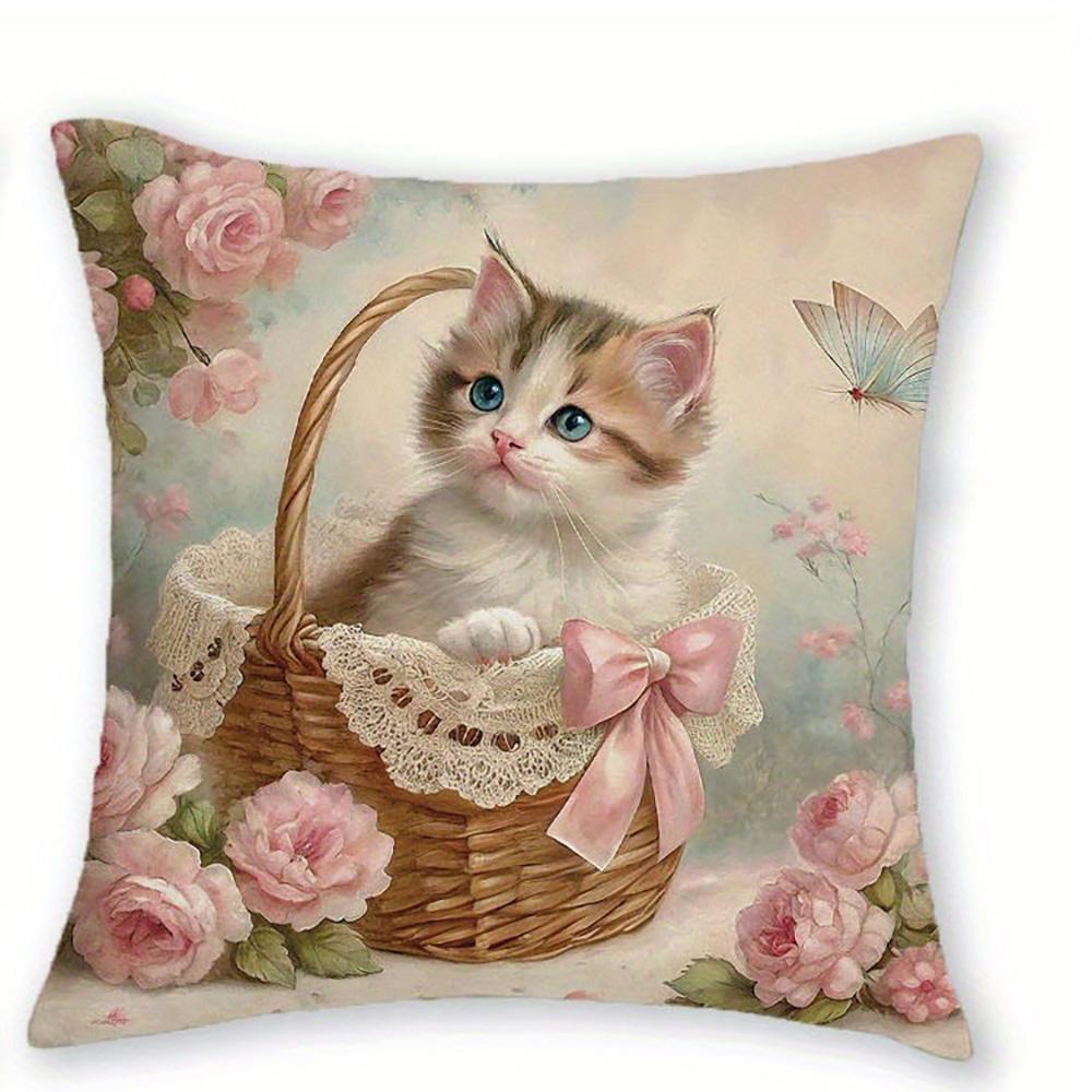 Entzückende Kätzchen-bedruckte Kissenbezüge mit rosa Schleifen und floralen Mustern Sofakissenbezug Heimzimmerdekoration 2D-Flachdruck