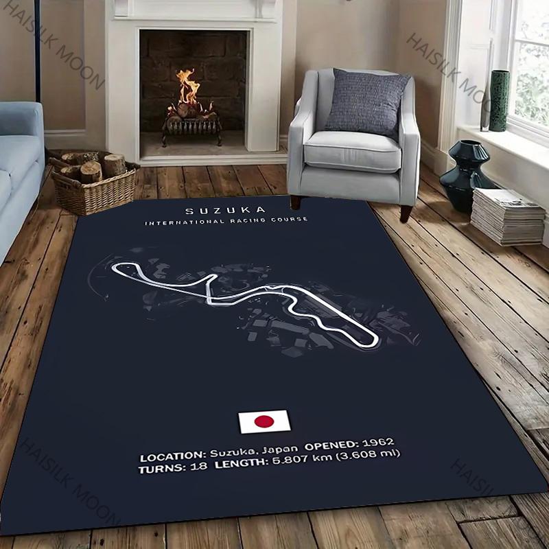 F1 Imola Monaco Streckenlayout Gedruckter Vier-Jahreszeiten-Teppich für Zimmer Sofa, Formel 1 Motorsport Thema Dekor Matte Rennliebhaber Teppich