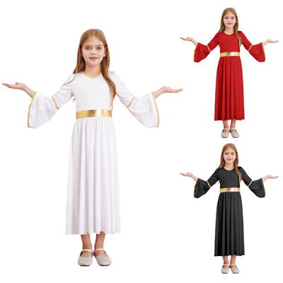 Kids Girl Halloween Carnival Angel Goddesses Cosplay Costume Long Sleeve Gold Trim Princess Dress Church Choir Worship Gown Toga