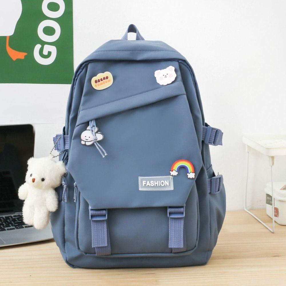 Simple Badge Shoulder Backpack Nylon Korean Style School Bag Sweet Large Capacity Bags  Children