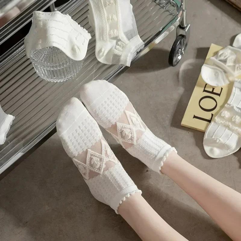 1/5 Pairs Summer Thin Section Short Women White Socks Low Tube Cool Socks Cute Print Ankle Foot Cover Fashion Transparent Sock