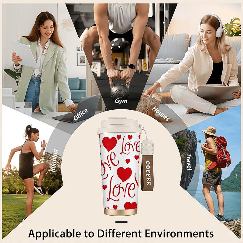 532ml Coffee Mug Full Print Love Heart Motif Strap Coffee Cup Unisex Commuter Coffee Mug Portable Travel Coffee Mug 304Steel Hot Cold Cup
