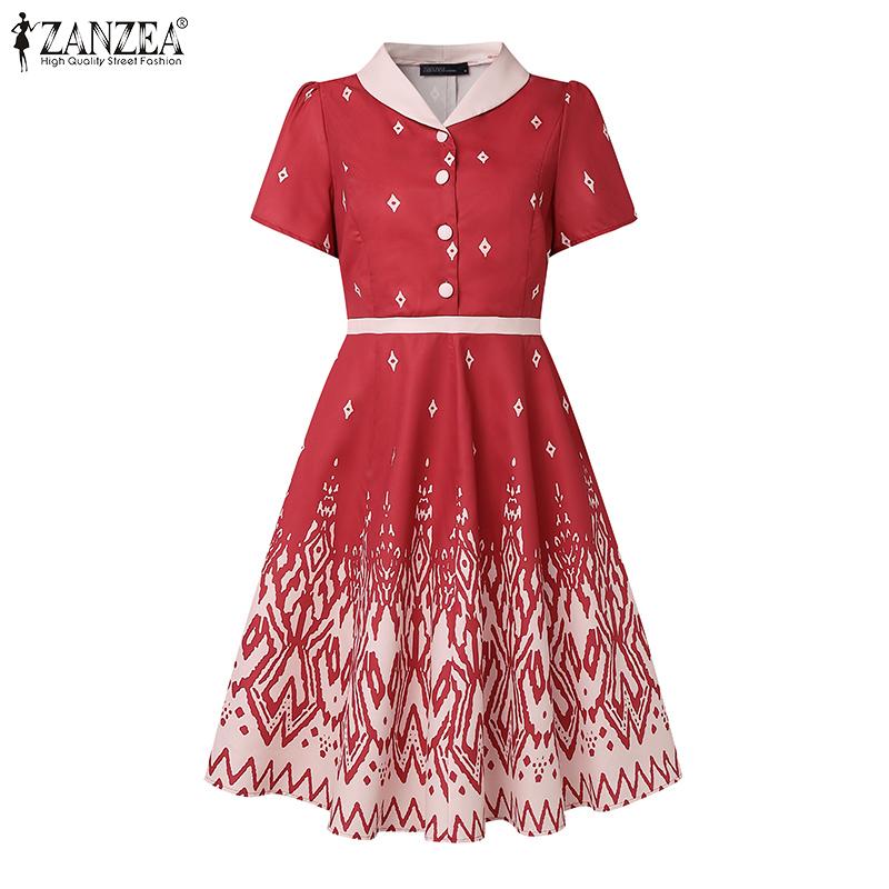 ZANZEA Women Summer Doll Collar Casual Short Sleeve Print Dress