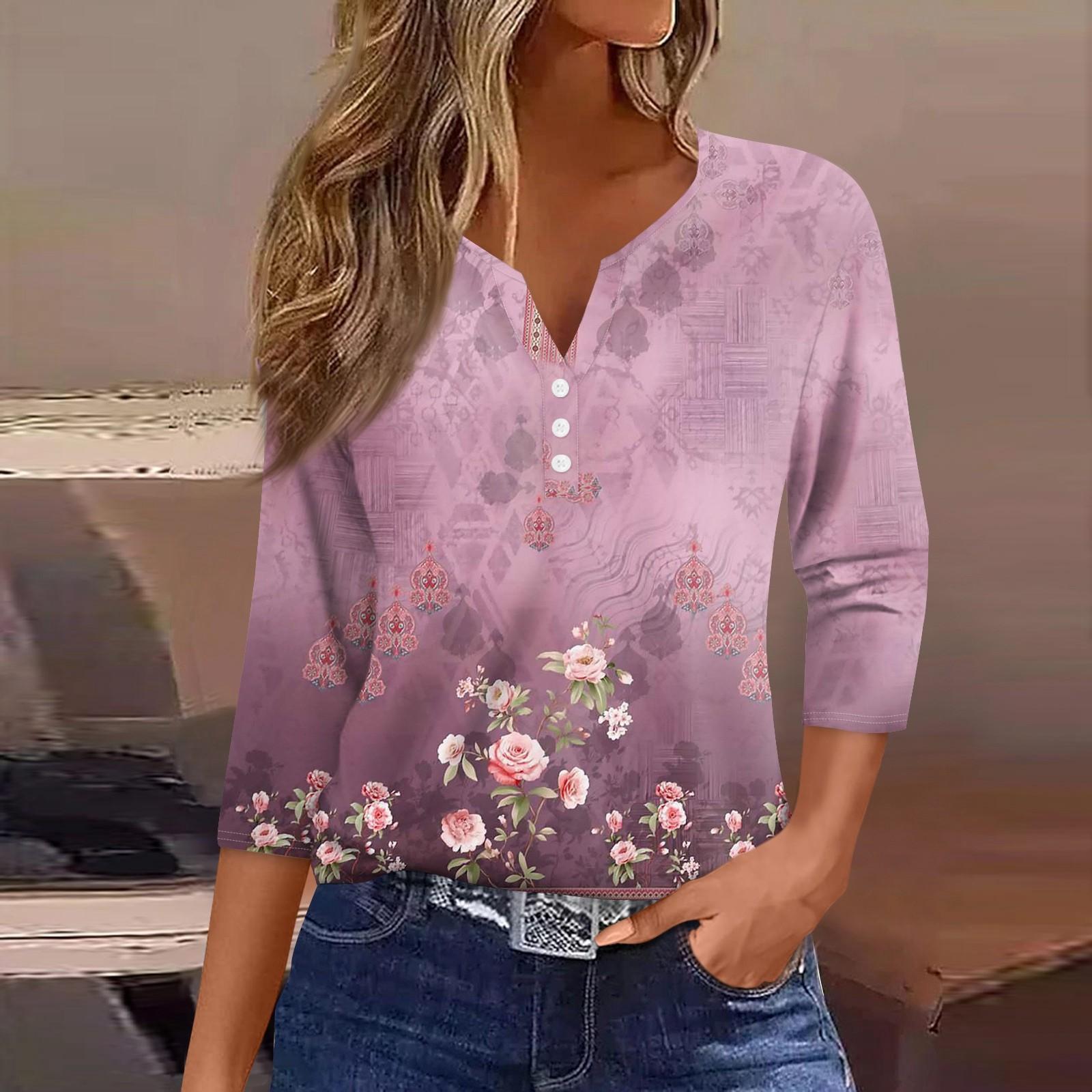 

Жен. Футболка Футболка С принтом Пуговицы Рукав 3/4 Повседневные Выходные Мода Классический Классический V-образный вырез Обычный Верх M