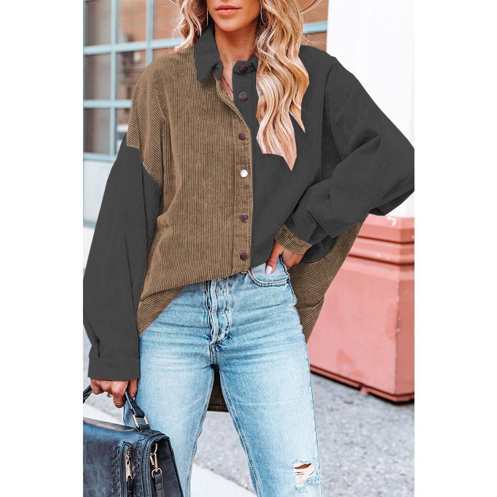 Women's Loose Casual Color Blocked Lapel Button Long Sleeved Shirt Top Long Sleeved Shirt