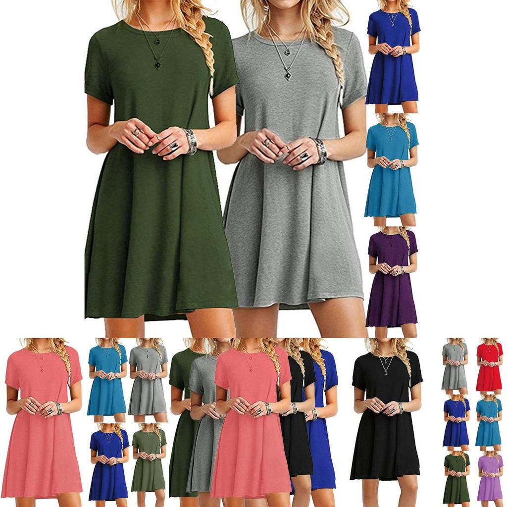 Stilvolles Damen Sommer Tunika T-Shirt Kleid Mit Kurzen Ärmeln Und Unifarben