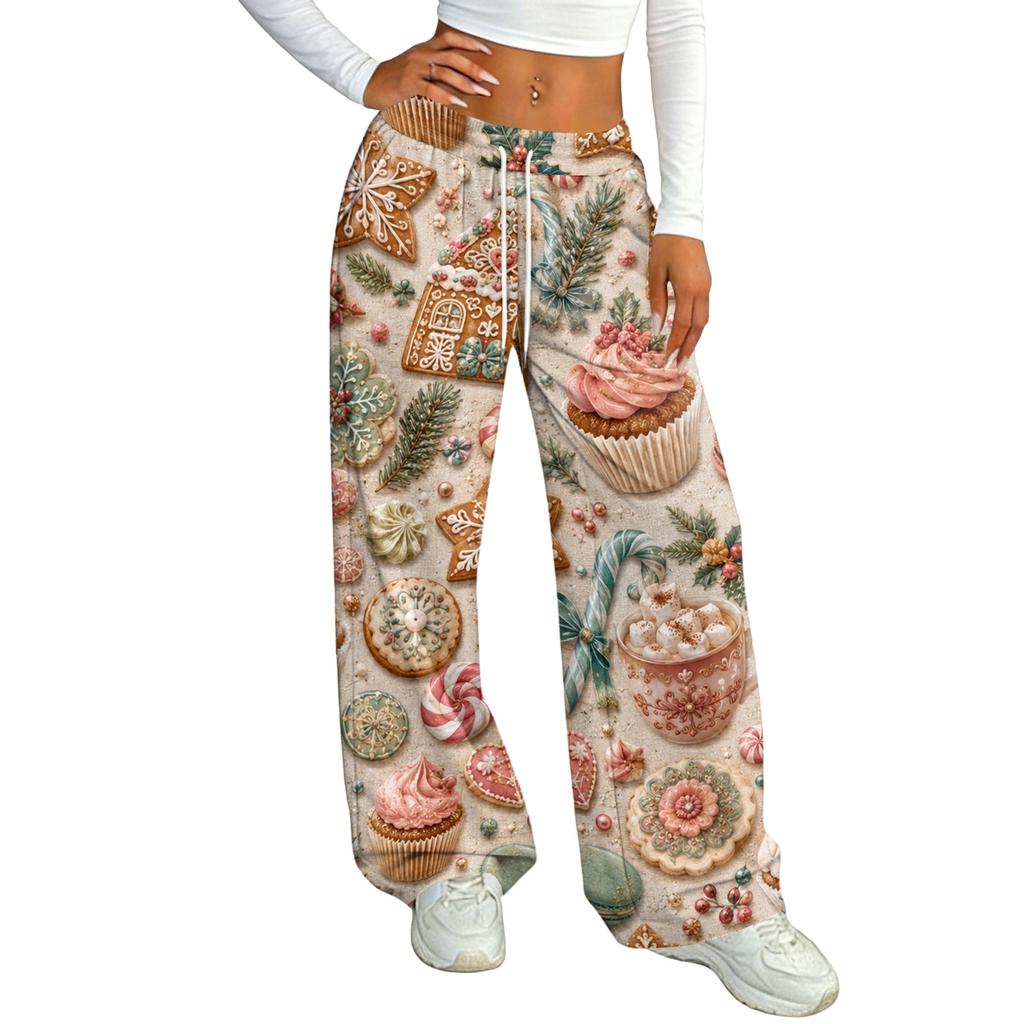Dames Casual Kerstprint - Gevoerde Losse Rechte Broek met Elastische Tailleband