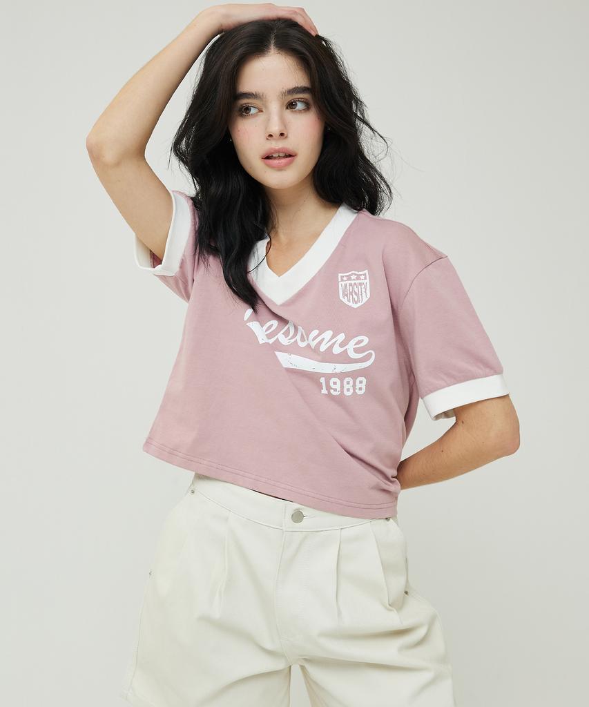 AWESOME STUDIO V-Neck Uniform Short Sleeve T-Shirt Indie Pink