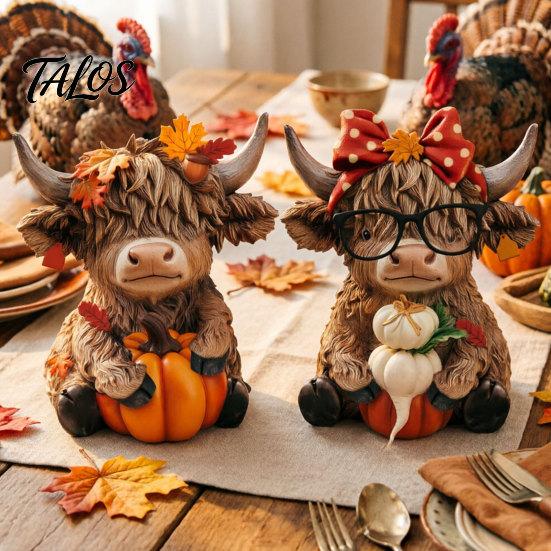 Fall Decorations 2PCS Autumn Highland Cow Ornament, Thanksgiving Day Theme Wooden Decoration, with Woodcraft Decor Exquisite Details Figurine,