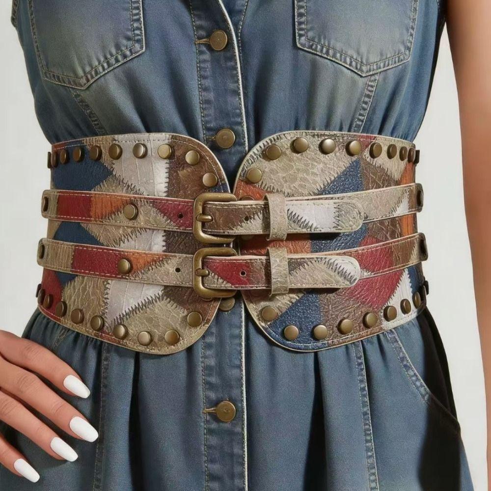 Spicy Girl Rivet Belt PU Leather Elastic Cummerbunds Vintage Wide Waistband  Ladies