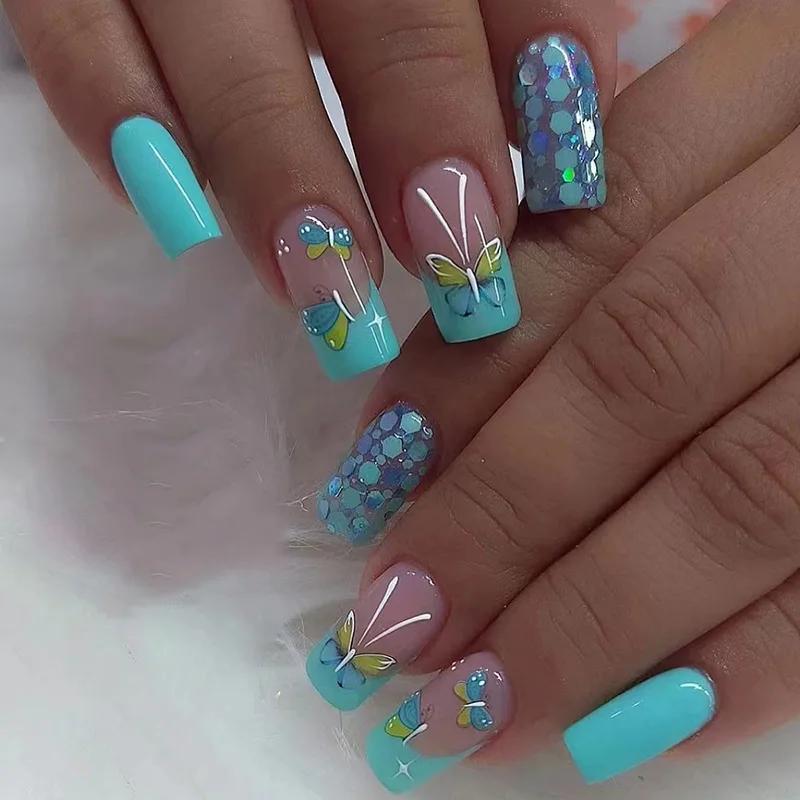 24Pcs French Long Ballet Square Fake Nails Removable Full Cover Press On Nails Acrylic False Nail Tips
