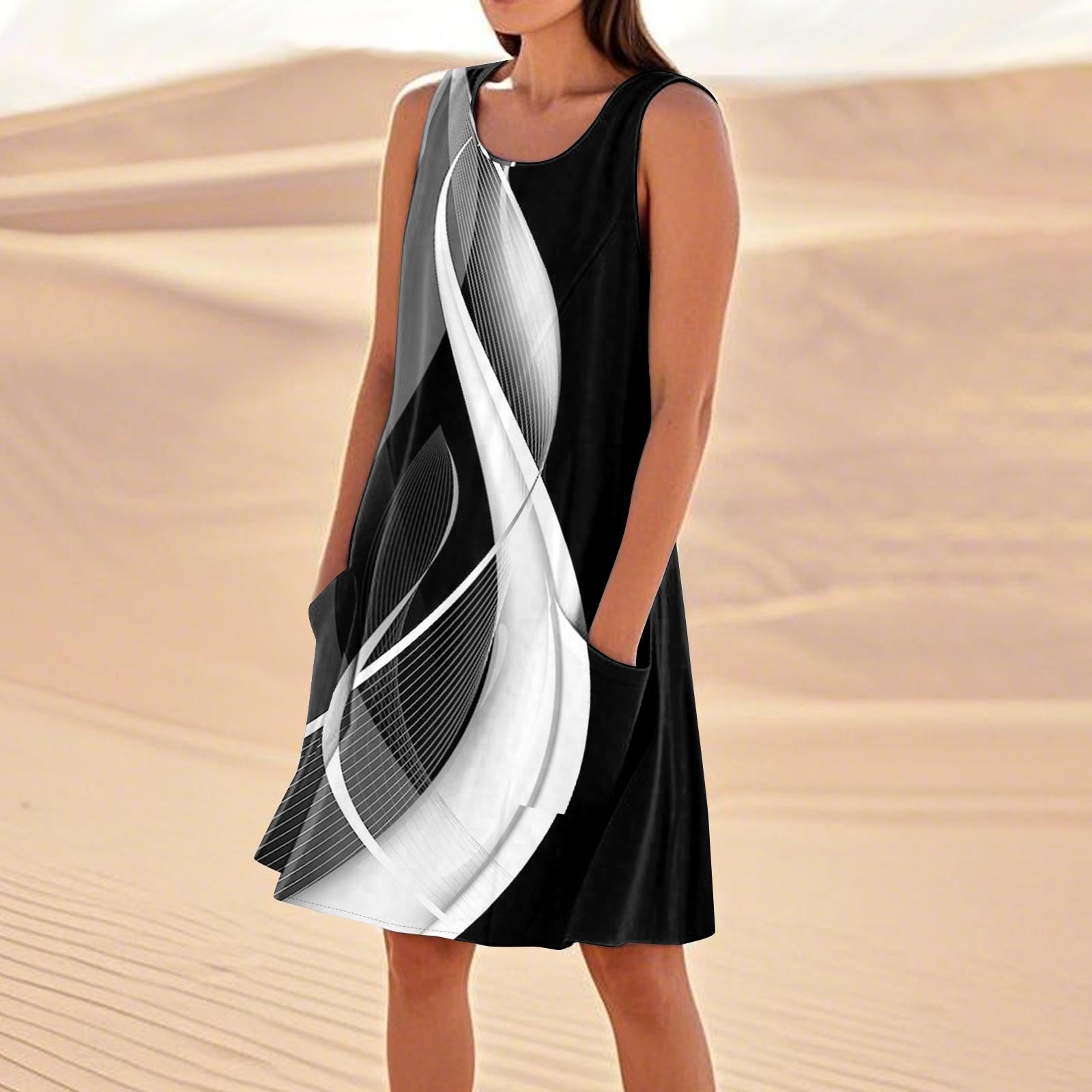 

Літні сукні для жінок Вільні пляжні повсякденні сарафани без рукавів з кишенями Сукня-майка L білий