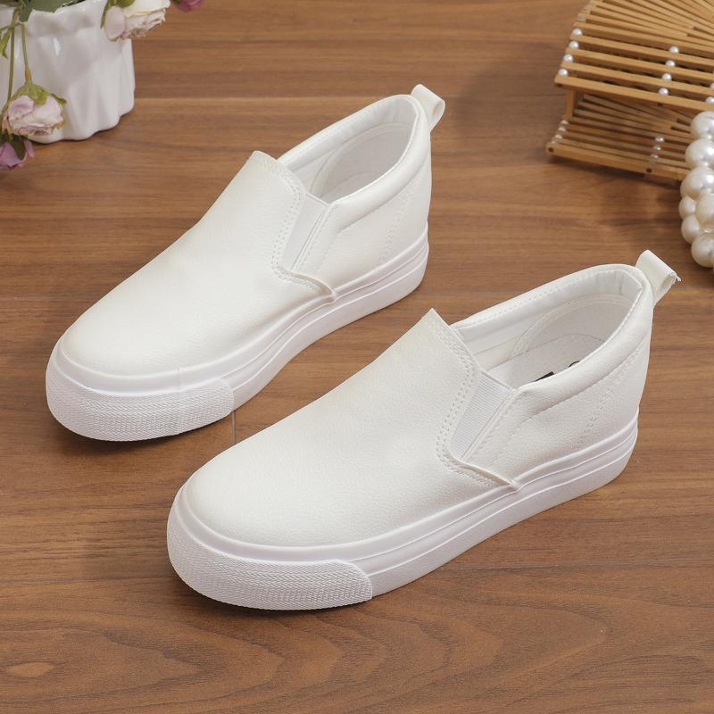 

Модная женская обувь, увеличивающая рост, 2024 г., новый кожаный верх, толстая подошва, однотонная, круглый носок, универсальная повседневная обувь 38 белый