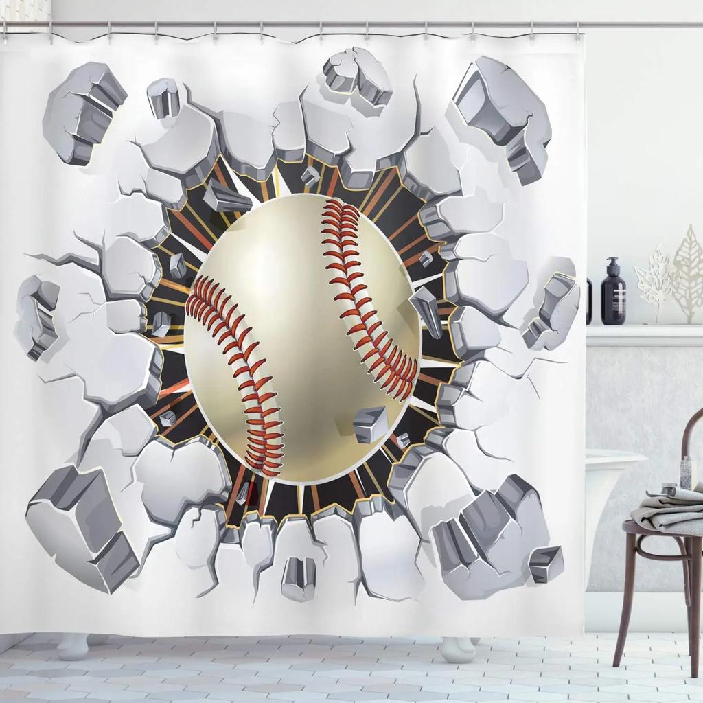 Baseball Shower Curtain Baseball Glove Sports Theme Polyester Fabric Bathtub Screen Home Decor Bathroom Curtains Set with Hooks