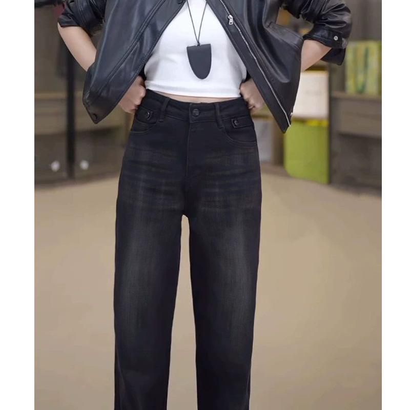 Zhizhi 2024 Autumn Women's Black & Gray Wide-Leg Jeans, Narrow Version, Slightly Elastic with Side Straps.