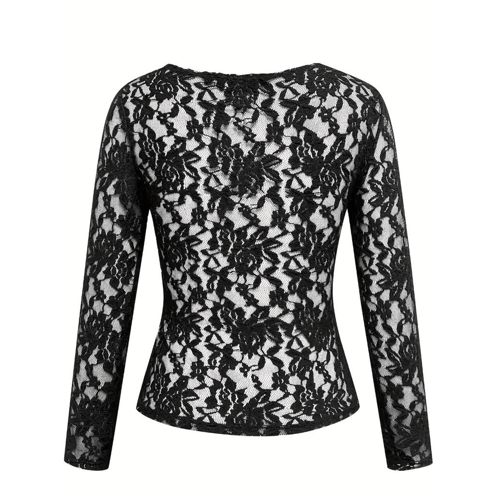 Women's Elegant V-neck Scalloped Neck Edge Solid Color Long Sleeve Slim Slim Pullover Lace Top