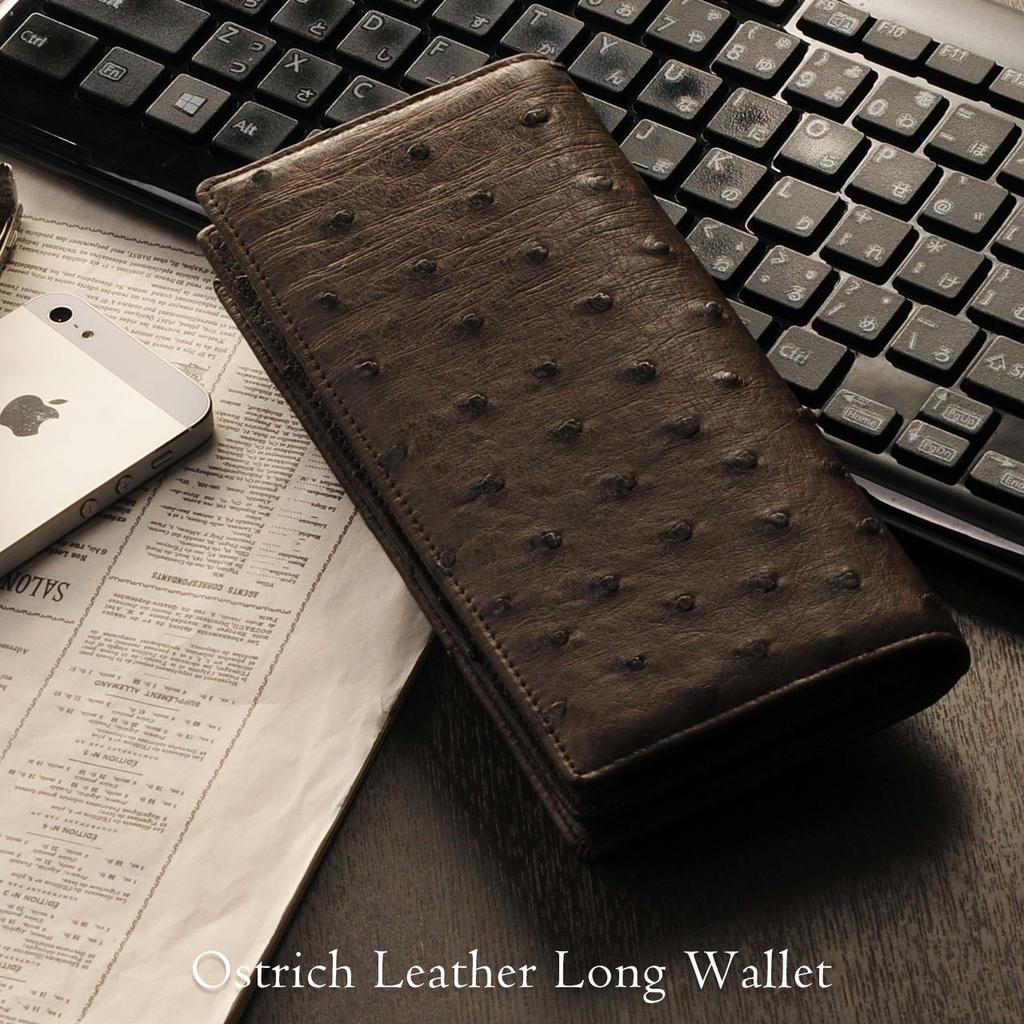Sankyo Shokai Men's Ostrich Leather Long Wallet, Full-Point Design, Bifold, with Zipper, Dark Brown