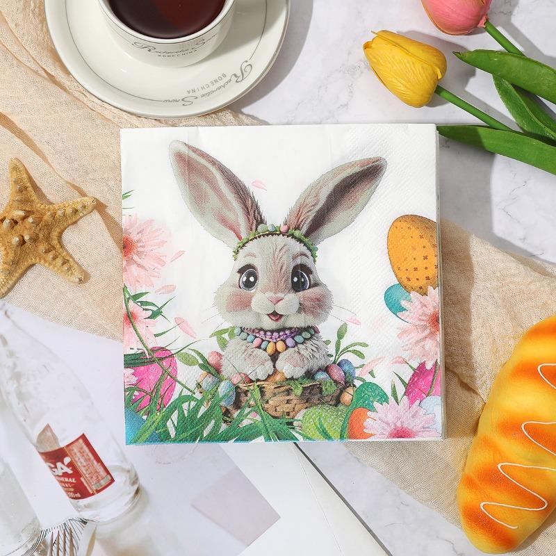 Easter Napkins, 33x33cm 2-Ply with Cute Bunny, Flower Wreath & Easter Eggs Pattern for Easter Party Table Decor, 20pcs