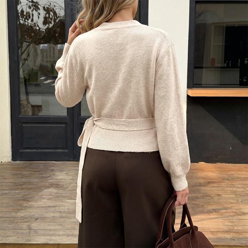 2026 A/W Knit Women's Irregular Short V-Neck Tie Waist Long Sleeve Sweater