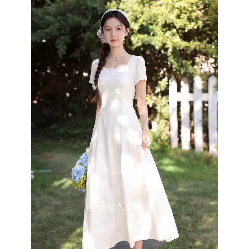 Women s Elegant A-Line Short Sleeve Midi Dress M