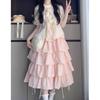 Cute Sweet Girl Dopamine Wears a Complete Set of Women's Summer College Style Straps Shirt Pink Plaid Cake Skirt Two-piece Set