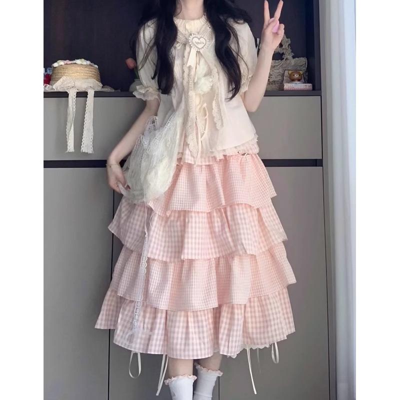 Cute Sweet Girl Dopamine Wears a Complete Set of Women's Summer College Style Straps Shirt Pink Plaid Cake Skirt Two-piece Set