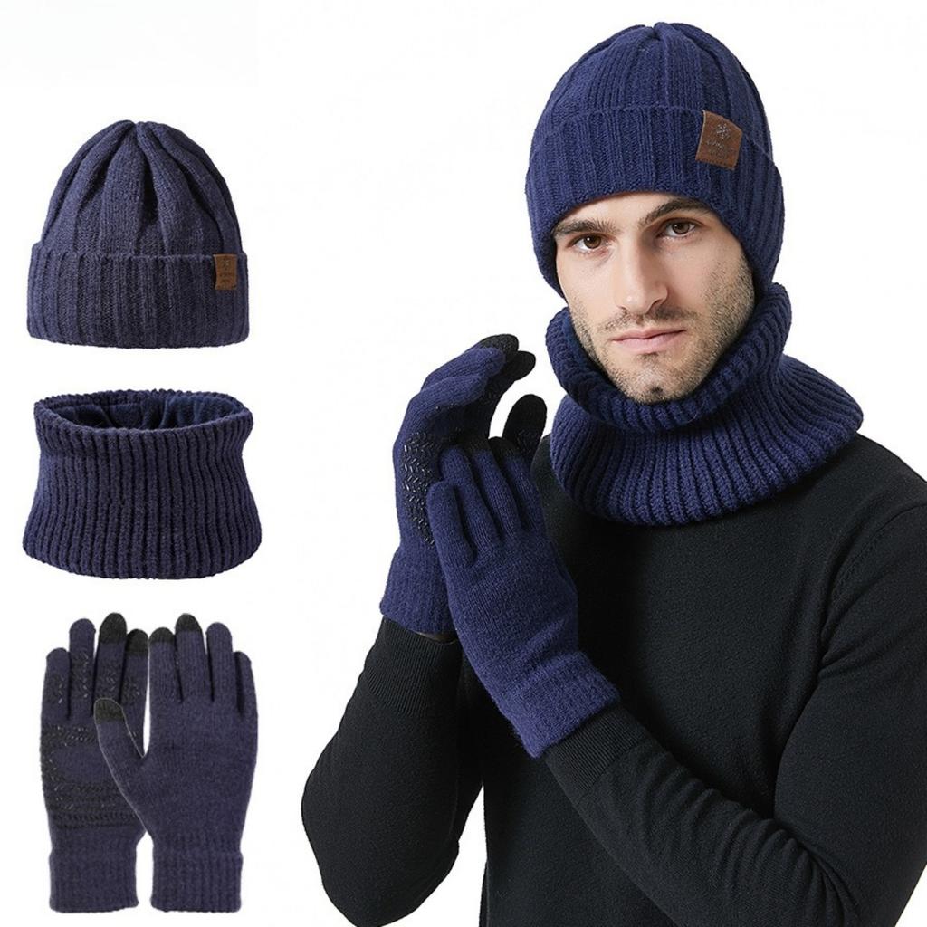 Men and Women, Warm Hat, Knitted Hat, Thick Scarf, Warm Gloves, Three Piece Set