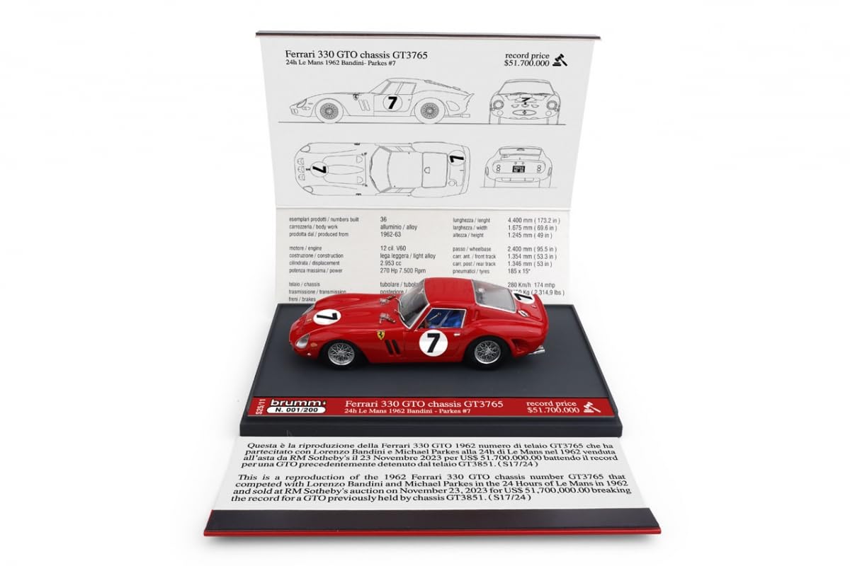

Brumm 1/43 Ferrari 330 GTO 24 Hours of Le Mans 1962 BRUMM 24H LE MANS #7 L. Bandini/M. Parkes Limited to 200 units
