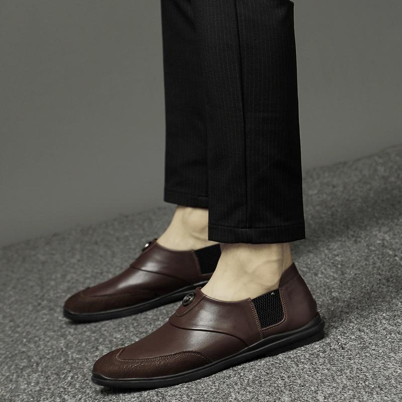 

Men s round head shallow mouth first layer cowhide simple casual single shoes sleeve flat heel single shoes men s shoes 46 коричневий