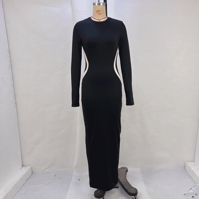 2024 Autumn/Winter Fashion: Women's Color-Block Slim Round Neck Long Sleeve Finger Set Dress
