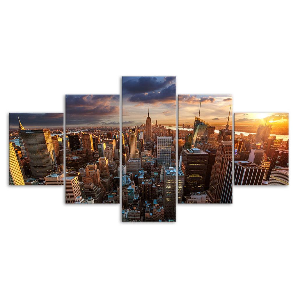 Sunset New York Skyline Empire State Building 5 Piece Five Panel Wall Canvas Print Modern Art Poster Picture Home Decor Gift For Him For Her