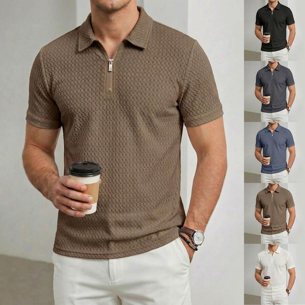 Men's New High-End Nylon Stretch Lapel Zipper Short Sleeve Plaid Casual Sports Golf Shirt