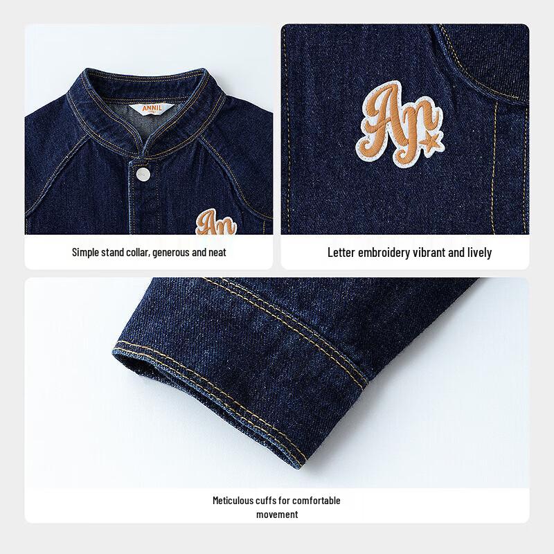 Annil Boys' Fall Embroidered Dark Blue Stand Collar Denim Jacket