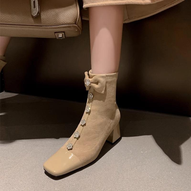 Wucifang Shoes Sale Dames Schoenen Enkel Dames Laarzen Mode Vlinderknoop Kantoor en Carrière Nieuw Vierkante Neus Effen Schoenen voor Dames 40 abrikoos