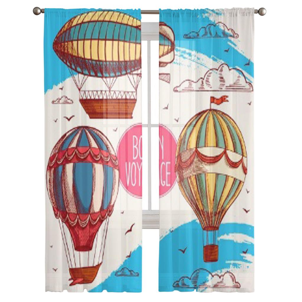 Vintage Bunte Luftballons Fliegen Am Himmel Wolken Vögel Chiffon Transparente Vorhänge Wohnzimmer Schlafzimmer Fenster Voiles Tüllvorhang