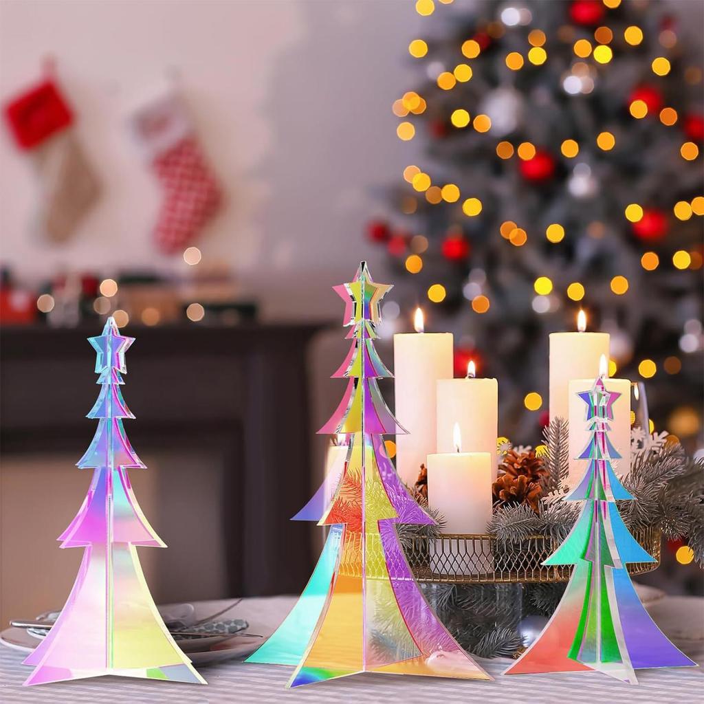 Prismatic Iridescent Christmas Tree 3 Pieces Iridescent Colorful Acrylic 3D Decor Holographic Desktop Christmas Tree for Indoor