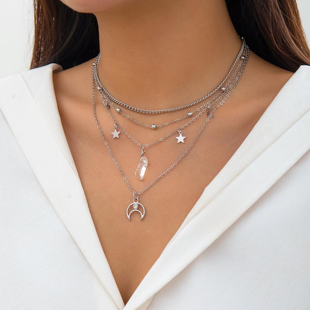 Layered Chain with Moon and Stars Pendant Necklace for Women Trendy Charms Chain Accessories on Neck Fashion Jewelry Female Gift