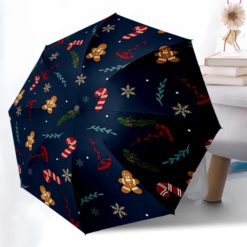 

1pc Festive Christmas Umbrella with Gingerbread & Candy Cane Design - Automatic Open/Close, 8-Rib Windproof, Lightweight & Por (as the picture,Iron&8K)