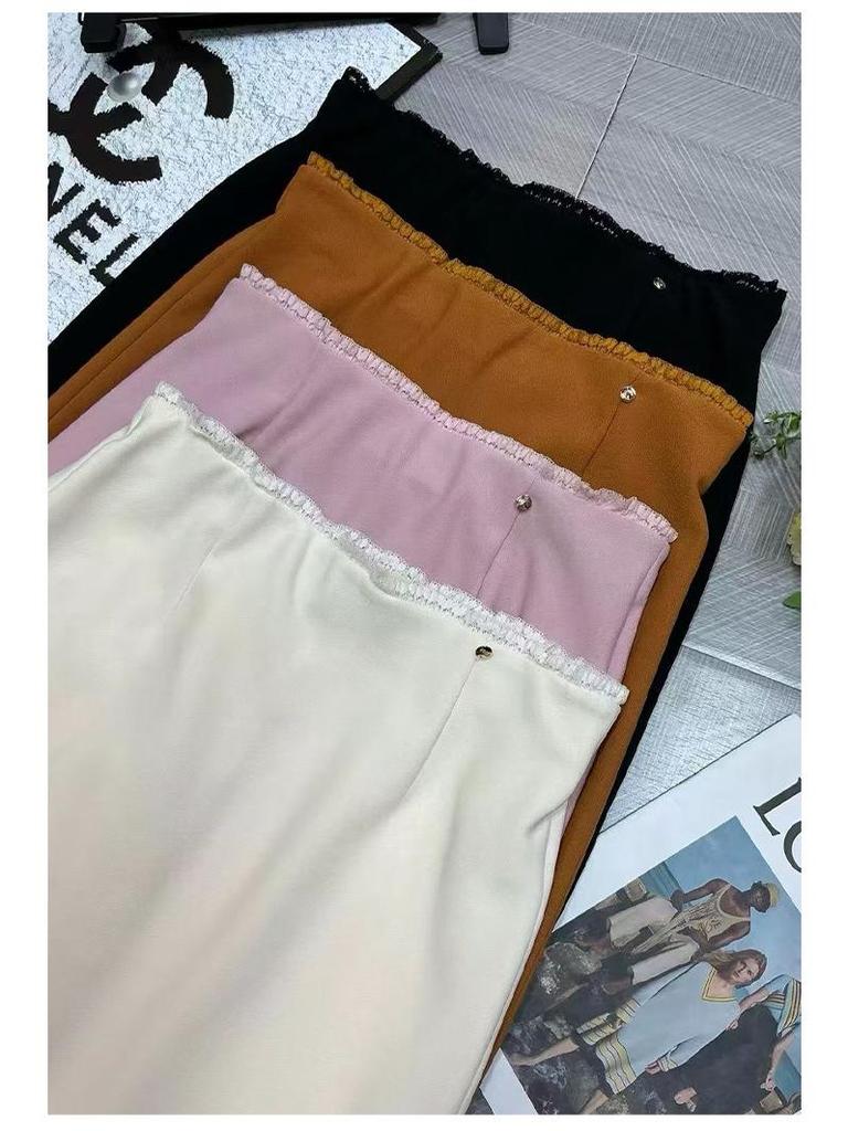 Rongtai Elegant High-Waist Lace Trim Straight Skirt with Back Slit - Women's Fashion 2026