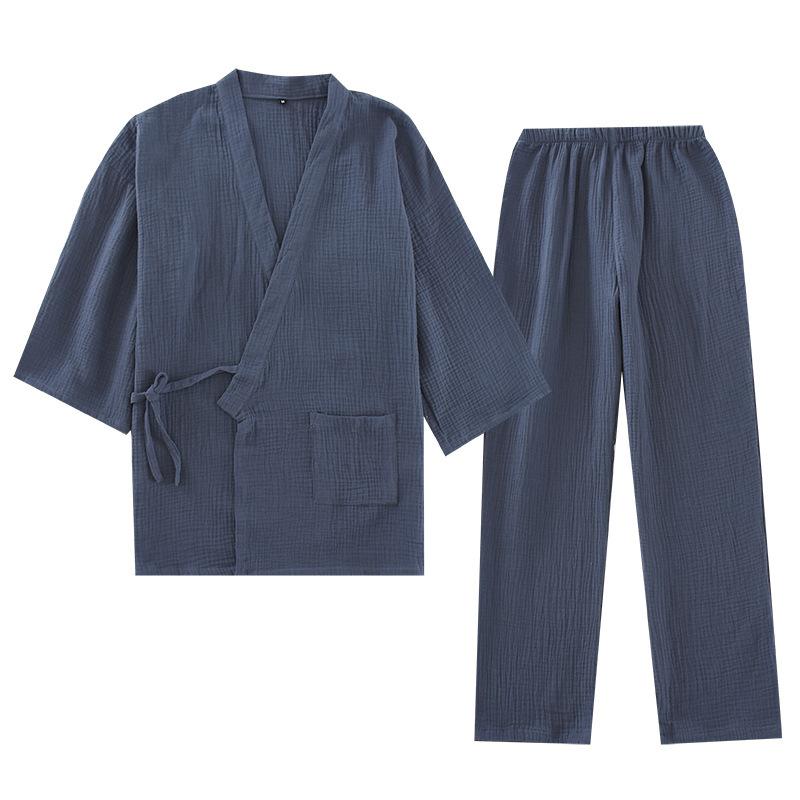 Spring and Summer Men's Yukata Japanese Kimono Pajamas Cotton Yarn Crepe Three-quarter Sleeve Trousers Home Service Suit
