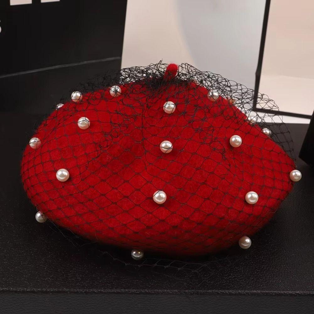 Pearl Wool Beret for Women Retro Beanie Caps Pumpkin Hat Painter Hat Banquet