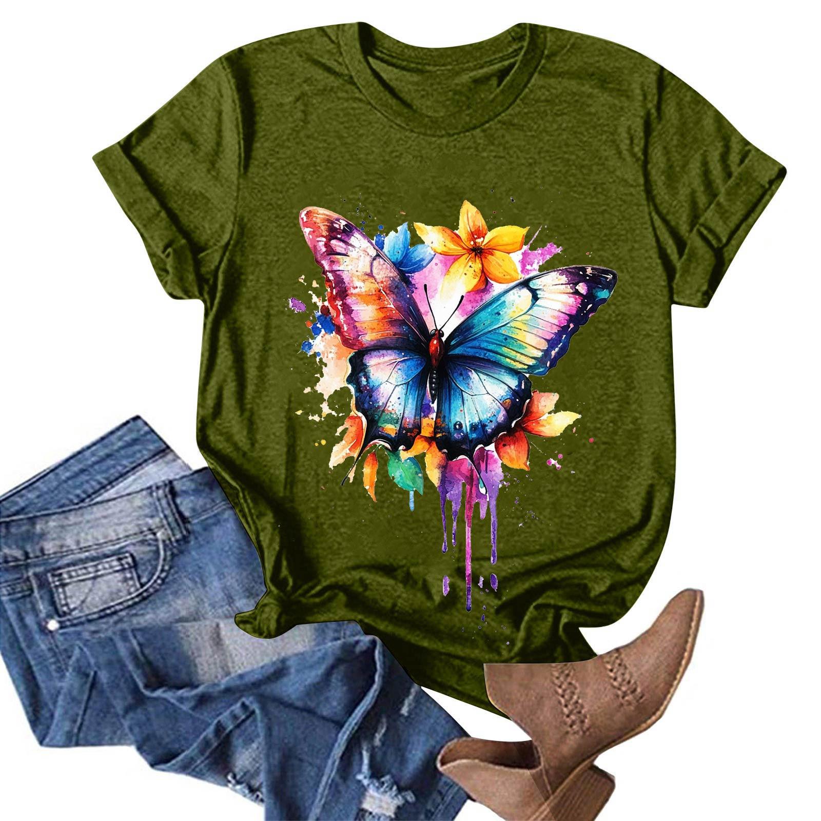 

Женская модная повседневная футболка с круглым вырезом и принтом, пуловер с короткими рукавами, топ L армия зеленый