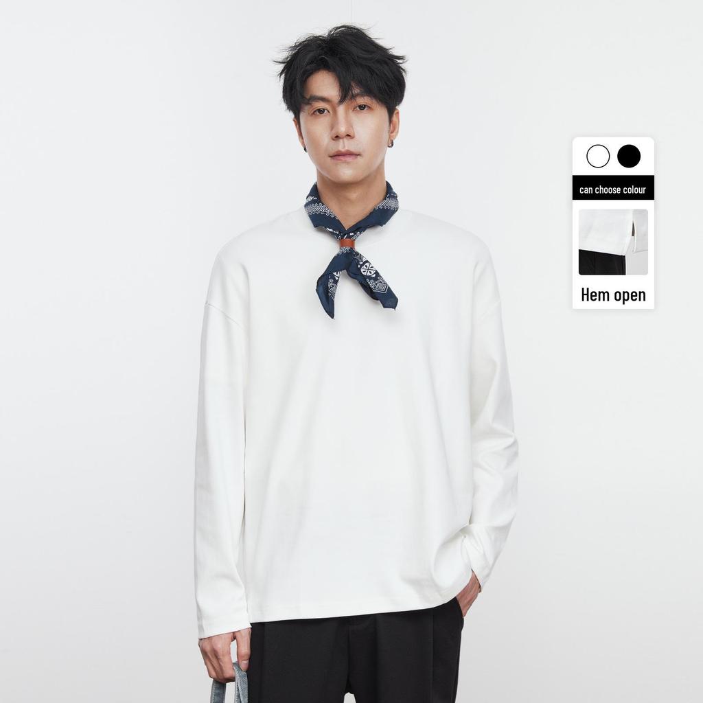 Yizhi Men's Spring Long Sleeve Crew Neck T-shirt with Hem Slit Design, Korean Style, Loose Fit