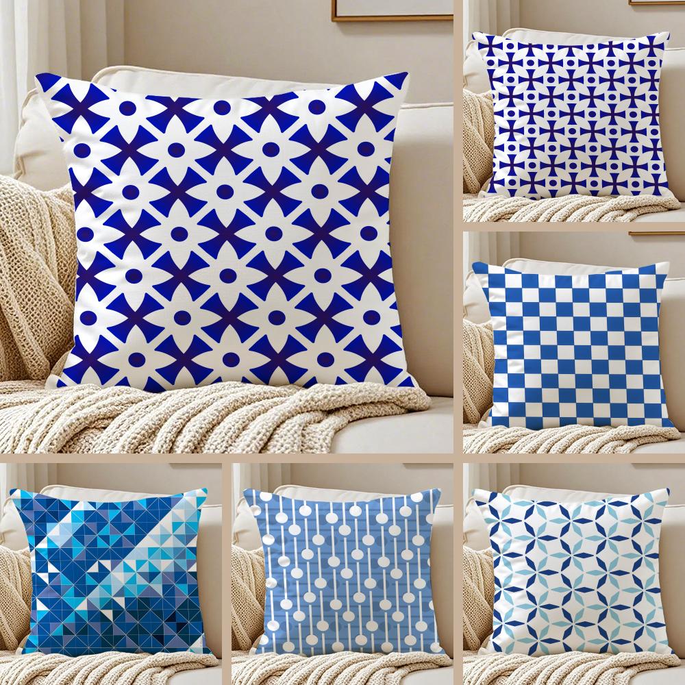 Blue and White Geometric Cushion Cover Silky Short Plush Sofa Pillow Cover Hidden Zipper Soft Dustproof Case for Home Decor