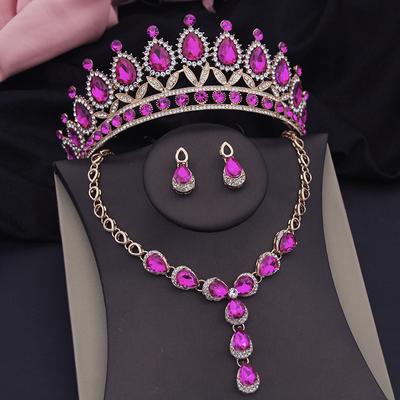 Rose Red Crystal Crown Bridal Jewelry Sets for Women Tiaras Choker Necklace Sets for Party Wedding Crown Jewelry Accessories