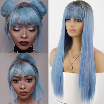 Pelucas sintéticas largas rectas de fibra de alta temperatura para mujer, pelucas de cabello para uso diario con flequillo, color azul degradado
