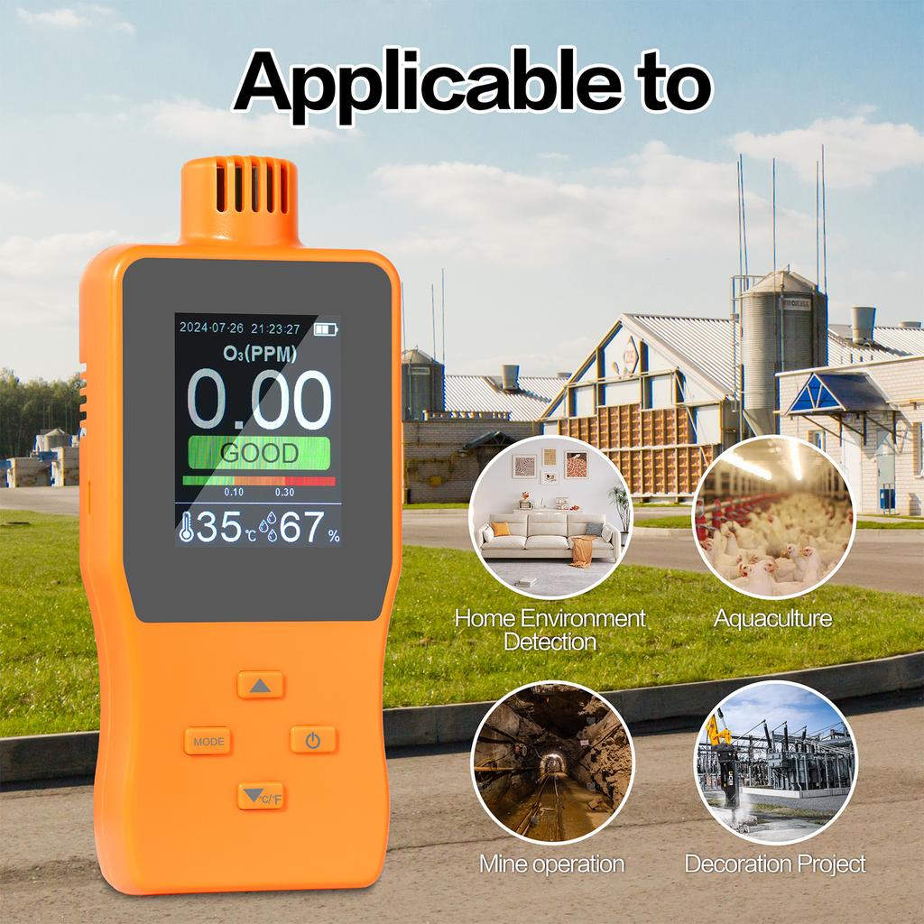 Portable Ozone Meter 0-10.0 PPM O3 Temperature Humidity Gauge 2.8 In Full Color LCD Screen Multifunctional Air Quality Monitor 2500mAh Lithium Battery
