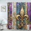 1pc Elegant Golden Fleur De Lis Shower Curtain with 12 Hooks - Luxury Metallic Golden, Purple & Green Striped Floral Fleur De Li