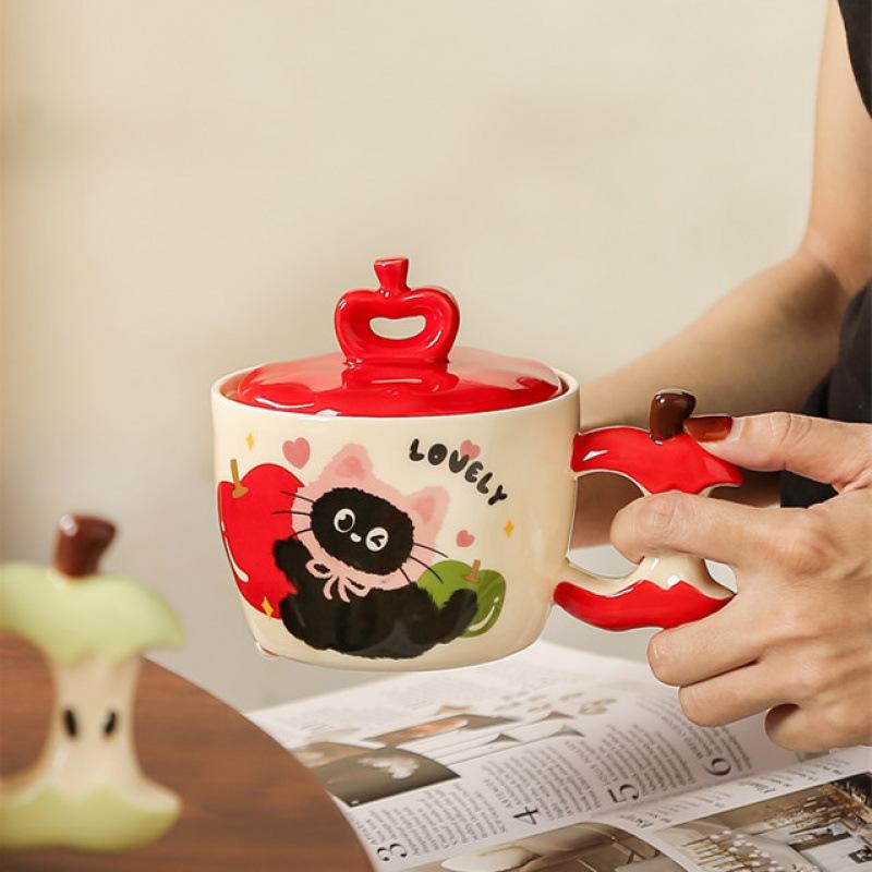 Personalized Cute Apple Cat Mug for Home Use with Lid for Couples Ceramic Mug for Office Good Looking Girl Mug